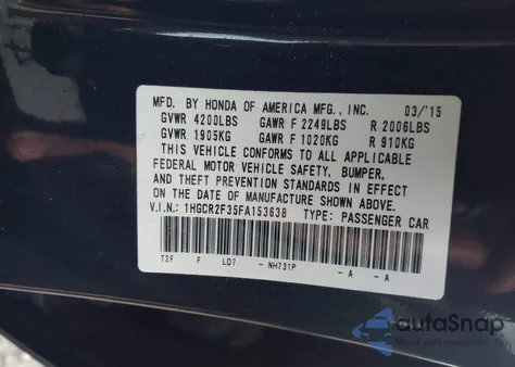 2015 Honda Accord Lx from USA, damaged, VIN 1HGCR2F35FA153638